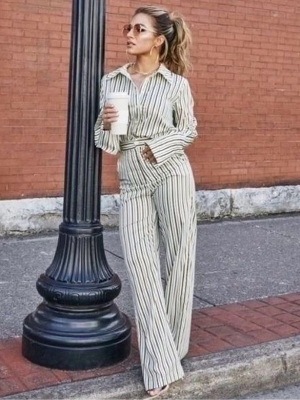 Kittenish Cream and Green Striped Long Sleeve Two-Piece Jumpsuit, Size S